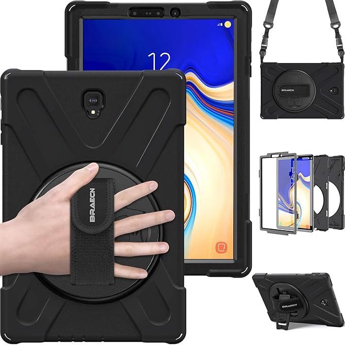 BRAECN for Galaxy Tab S4 10.5 CaseHeavy Duty Shock-Proof Case with 360 Degree Kickstand/Hand Strap and Carrying Shoulder Strap for Samsung Galaxy Tab S4 10.5 inch 2018 SM-T830/T835/T837(Black)