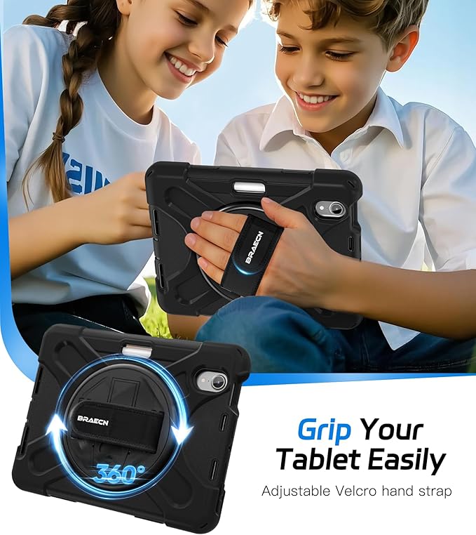BRAECNstock Case for Apple iPad mini 7 (A17 Pro) 2024/ Mini 6 2021 8.3 Rugged Protective with Screen Protector Pencil Holder Rotating Hand Strap &amp Stand iPad mini 7th/6th Gen Case Kids Black