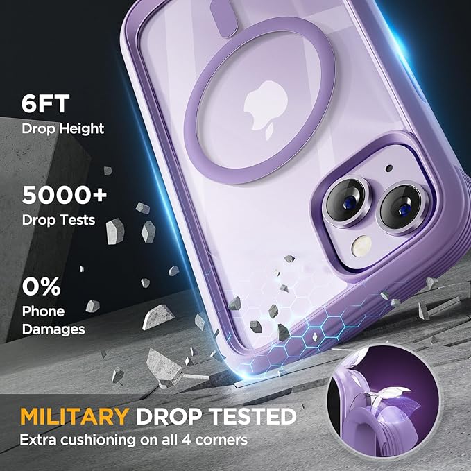Miracase Magnetic for iPhone 14 Case 6.1 [Built-in Tempered Glass Screen Protector + Lens Protector] [Compatible with MagSafe] Full-Body Protective Bumper 14 Phone Cover Purple