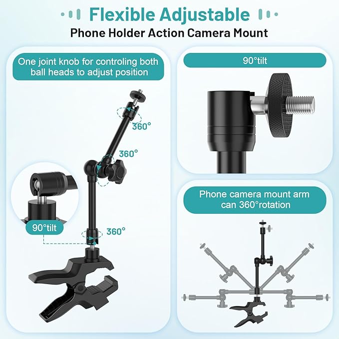 Phone Holder Jaw Flex Clamp Clip Mount360°Adjustable Aluminium Alloy Arm MountCellphone Clip Stand for Desk/Table/Post/BoardCompatible with 3.5~7.5 iPhone/HTC/LG/Huawei/Galaxy/Gopro Hero