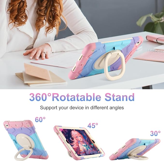for iPad 9th/8th/7th Generation Case(2021/2020/2019)360°Rotating Handle Stand with[ Pencil Holder&ampShoulder Strap] Heavy Duty Shockproof Kids Cover for iPad 10.2 inch (Colorful Pink)