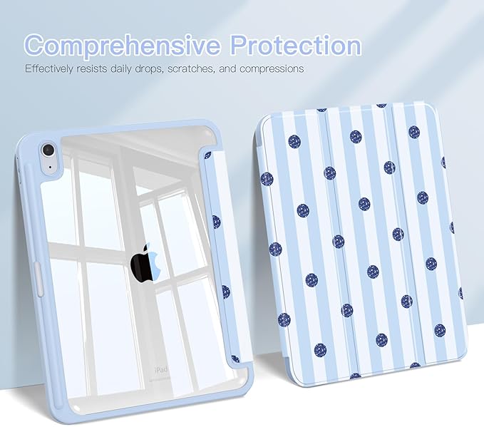 Teryeefi for iPad A16 Case 11 Inch 2025 Release for iPad 10th Generation 10.9 Inch 2022 Protective Shell with Pencil Holder Soft TPU+Crystal Hard Back Cover (Cute Blue Stripes)