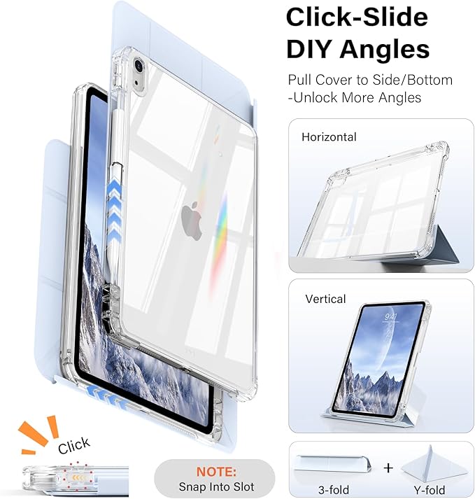 JKSML Case for iPad (A16) 11th/10th Gen with 8+ Viewing Angles DIY Detachable Sliding Cover Fully Clear Hard Back Shell Solid Y-fold Stand Pencil Holder for iPad 10.9 (2022)/ 11 (2025)-Blue-1