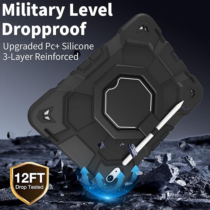 JKSML Case for iPad (A16) 11th Generation 11 Inch 2025 / iPad 10th Gen 10.9 Inch 2022 Military Grade Protection Cover with 360° Rotating Kickstand &amp Pencil Holder &amp Shoulder Strap (Black)