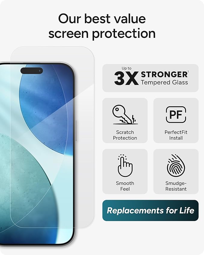 ZAGG Glass+ Screen Protector for iPhone 17-3X Stronger Impact &amp Shatter Protection Scratch &amp Smudge-Resistant iPhone Tempered Glass InvisibleShield Easy PerfectFit Install