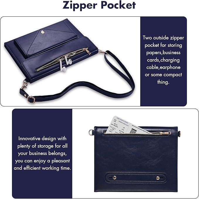 Dteck Business Flip Stand Cover for iPad Pro 11 Inch 4th/3rd Gen iPad Air 4th Gen PU Leather Pencil Holder Zipper Pocket Strap Protective Wallet Case Blue