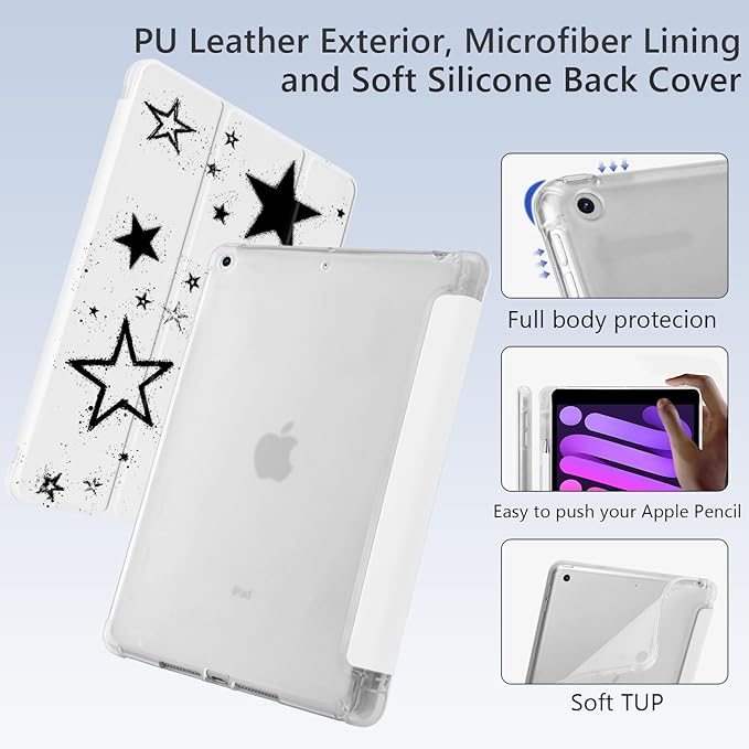 Cute Y2K Black Star for iPad 7th/8th/9th Generation Case with Pencil Holder Auto Sleep/Wake White Leather Soft TPU Back Cover for iPad 10.2 Inch 2019/2020/2021