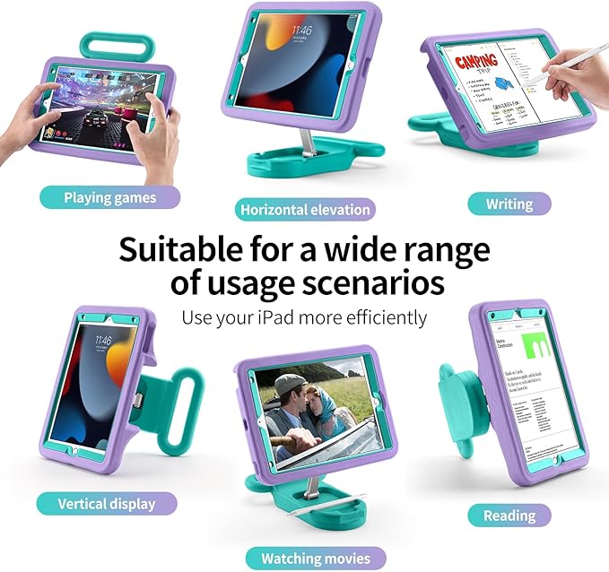 Kids Case for iPad 9th Gen 2021/ iPad 8th Gen 2020/ iPad 7th Gen 2019 Adjustable Portrait/Landscape Stand Drop Proof with HandleChild Friendly Cover for iPad 10.2 Inch (PurpleGreen)