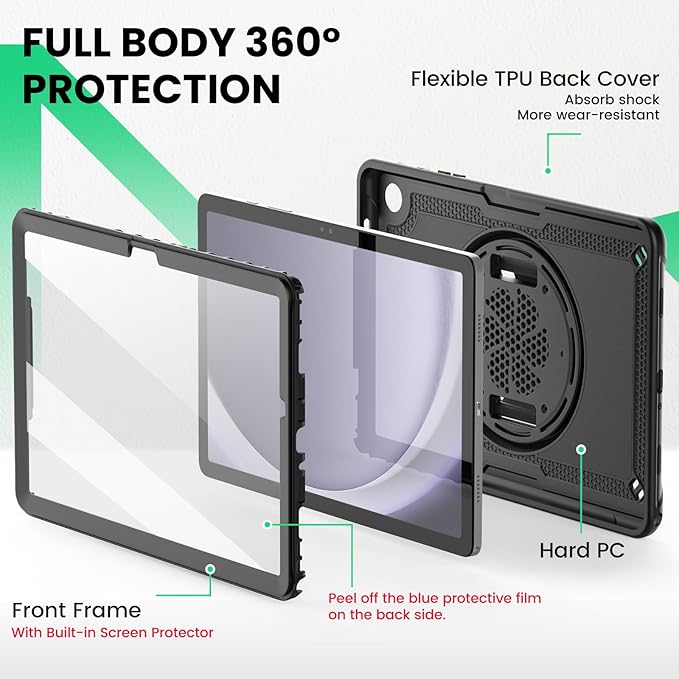 SEYMAC for Samsung Galaxy Tab A9+ Plus Case 11 2023 (SM-X210/X216/X218) Full-Body Shockproof Protective Case with Screen Protector Rotating Stand and Hand/Shoulder Strap Black