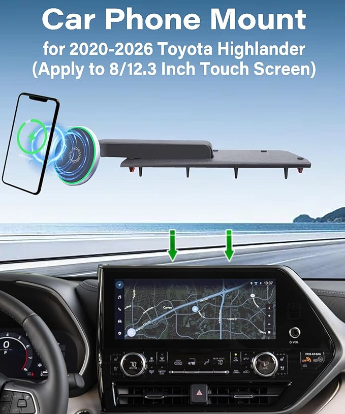 Car Phone Holder for 2020-2026 Toyota Highlander Accessories 15W Fast Wireless Charger Magnetic Cell Phone Mount Hands-Free 360 Degree Rotation Dashboard Original-Size Replacement Model