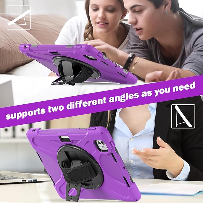 Batianda Case for New iPad Pro 11-inch 2025 M5 2024 M4 Chip Heavy Duty Rugged Durability Silicone Tablet Cover with 360° Rotating Hand Strap Foldable Hidden Stand &amp Shoulder Strap Purple