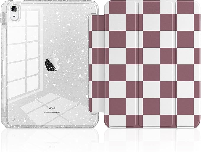 DONGKE for iPad Pro 11 inch Case – Fits M5 2025 / M4 2024 Shockproof Sparkling Glitter Acrylic Back Pencil Holder Trifold Stand Auto Sleep/Wake &amp Touch ID Support - Brown Checkerboard