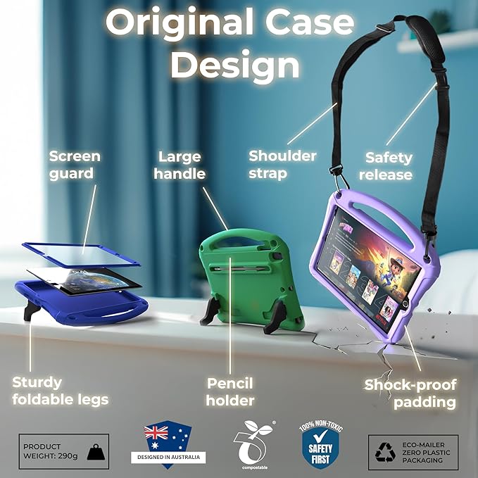 Bam Bino Space Suit Kids Case for iPad Pro 12.9 3rd/4th/5th/6th Generation (2018-2022) Models [Not for iPad Pro 12.9 1st/2nd Gen] Screen Guard Handle Shoulder Strap Pencil Holder (Nebula Violet)