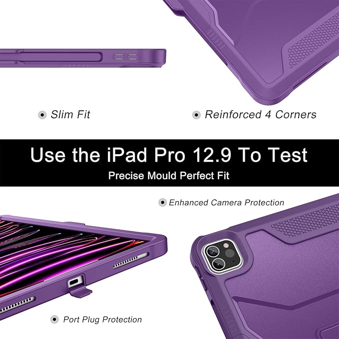 Soke Case for iPad Pro 12.9 Inch 6th/5th/4th Generation(2022/2021/2020 Release) Rugged Shockproof Protective Cover with Built-in Kickstand for Apple iPad Pro 12.9 - Dark Purple