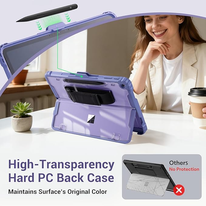 CoBak Rugged Case for Microsoft Surface Pro 12 2025 Shockproof Protective Cover with Hand Strap Multi-Angle Kickstand Built-in Stylus Holder Compatible with Type Cover Keyboard Clear Violet