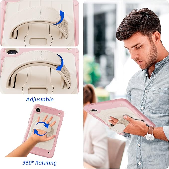 Case for Samsung Galaxy Tab A9 Case 8.7 Inch 2023 with 360 Rotating Hand Strap &amp Shoulder StrapProtective Case for Galaxy Tab A9 8.7 Tablet SM-X110/X115/X117 (Pink+White)