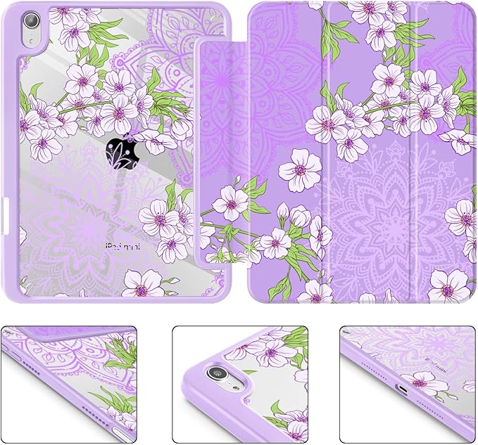 Mektron Printed Case for iPad mini 7 (A17 Pro) 2024/ Mini 6 2021 iPad mini 7th/6th Generation 8.3-inch Liquid Retina Display Cover Buit in Pencil Holder with Clear Back Shell Blossom Sakura-Purple
