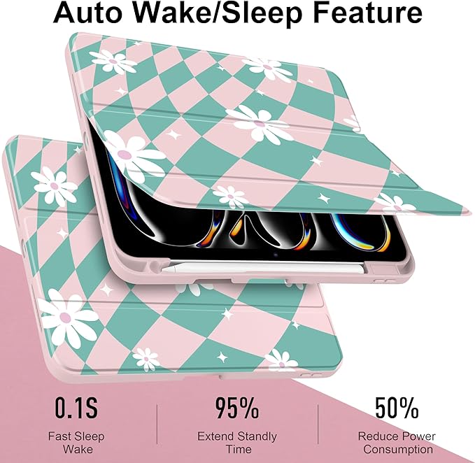 DONGKE for iPad Pro 11-Inch Case (M5 2025 / M4 2024) 6th/5th Generation [Auto Sleep/Wake &amp Pencil Pro Holder] Clear Acrylic Back Smart Trifold Stand Cover Checkered &amp Daisy
