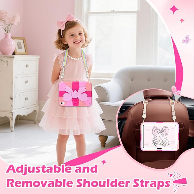 VOFUOE for iPad A16 Case 11th Generation 2025 11 Inch for iPad 10th Generation Case 2022 10.9 Inch for Kids Girls with Sweet Bow Stand Shoulder Strap Pencil Holder Hard Protective Cover-Hot Pink
