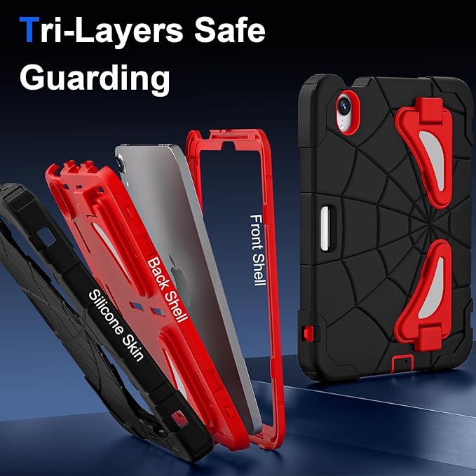 Kids Case for iPad mini 7 A17 Pro 2024/ Mini 6 8.3 inch Spider Case for iPad mini 7th 6th Generation Shockproof Durable Full Protective Cover with Pencil Holder Kickstand (Black+Red)