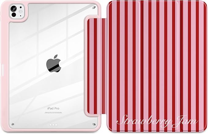 Case for iPad Pro 13 inch (M5) 2025 (M4) 2024 Release Cute Red Pink Striped Trifold Stand Cover with Clear Back Auto Wake Sleep Aesthetic Preppy Design for Girls Women Stripe