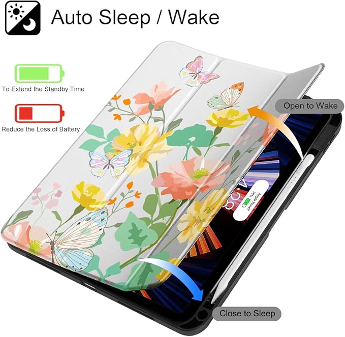 May Chen Case for iPad Air 13 Inch M4 2026 M3 2025 M2 2024 [Built-in Pencil Holder] Shockproof Cover with Clear Transparent Back Shell Auto Sleep/Wake Cover Butterfly Garden