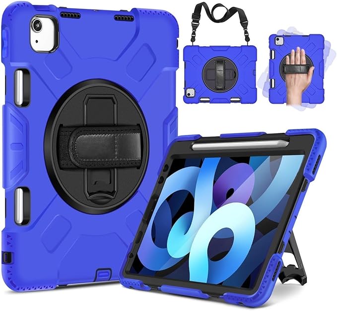 TNP Protective Case for iPad Air 6th M2 2024 11 Inch 5th 4th Gen 10.9 inch and iPad Pro 4th 3rd 2nd Generation (2022 2021 2020 2018) w/Pencil Holder Handle Stand &amp Shoulder Strap Blue