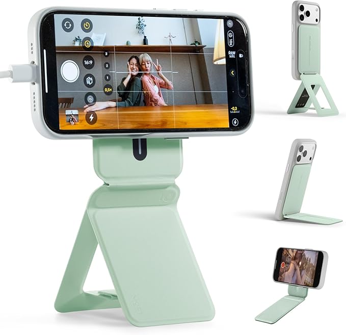 MOFT Phone Stand Magnetic Phone Tripod Stand Stain-Resistant MOVAS Leather &amp Angle Adjustment &amp Strong Magnets Tripod for iPhone 17/16/15/14/13/12 (Included Metal Ring)-Peppermint