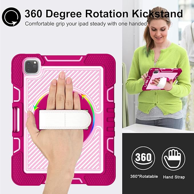 Shockproof Case for iPad Pro 11-inch 4th/3rd/2nd Generation with Shoulder Strap Techcircle Heavy Duty Rotating Kickstand Hand Strap Rugged Defender Protective Case with Pencil Holder Rose+Pink