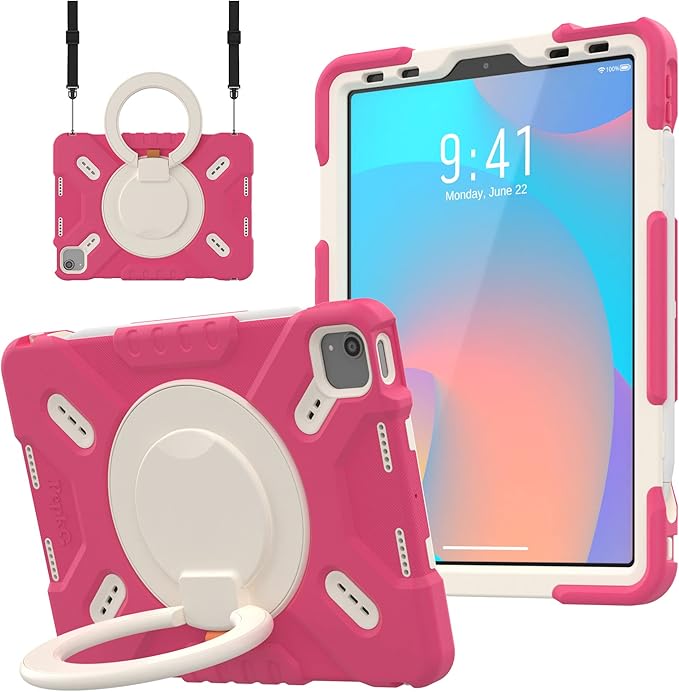 Pepkoo Triple Shockproof Case for iPad Air 5th/4th Generation 10.9 inch 2022/2020 and iPad Pro 11 Case 2022 2021 2020 2018 Gen Kids Boy Girl Cover with Kickstand &amp Shoulder Strap (Pink)
