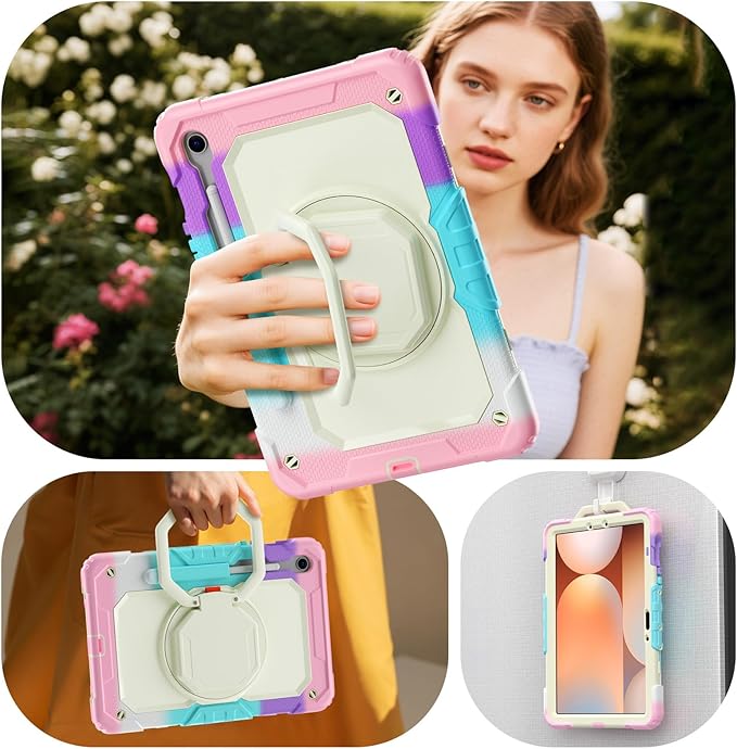 HXCASEAC Case for Galaxy Tab S10 lite / S10 FE / S9 FE 10.9 Inch Shockproof | 360° Rotating Stand | S Pen Holder | Screen Protector | Shoulder Strap | Samaung S10 Lite Tablet Case Kids Rainbow Pink