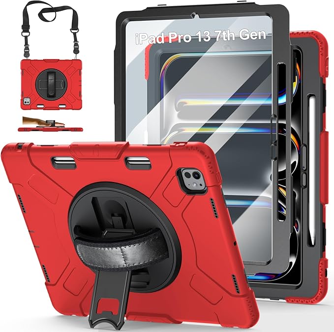 Case for iPad Pro 13 Inch M5 2025/ M4 2024: Military Grade Cover for iPad Pro 13 with Screen Protector - Stand - Handle - Shoulder Strap - Pencil Holder- Red