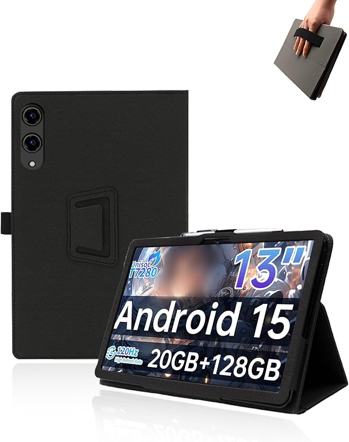 Case for Teclast T65 Tablet 13.4 inch Android 15 TabletsUYRUREL Leather Slim Folding Stand Cover with Hand Strap Magnet for Men Women Full ProtectionBlack.