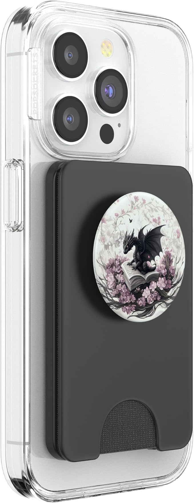 Ethereal Dragon on Book with Pink Flowers Dark Fantasy Art PopSockets PopWallet for MagSafe