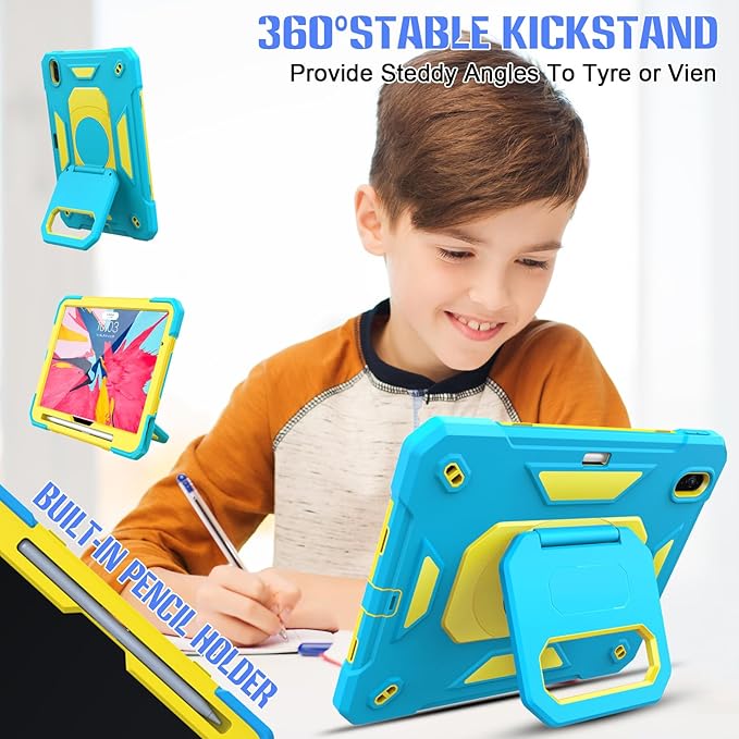 KCJ for iPad Air 11 Inch Case M3 2025 7th Generation &amp M2 2024 6th Generation with Tempered Glass Screen ProtectorRugged Protective Case with Folding Stand/Pencil Holder/Shoulder Strap(Blue+Yell