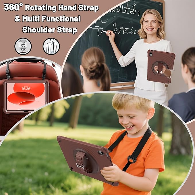 Case for iPad A16 11-inch (2025) &amp iPad 10th Gen 10.9-inch (2022) HD Screen Protector Strong Military-Grade Full-Body Shockproof Protection 360° Rotating Handle Strap &amp Shoulder Strap Choc