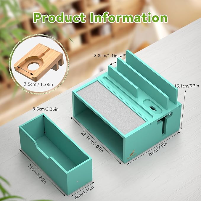 Pezin &amp Hulin Bamboo Charging Station for Multi Device with Power Charger &amp Cables Nightstand Docking Stand with Felt Pad Tray &amp Drawer Compatible with Tablet Cell Phone Smart Watch-T