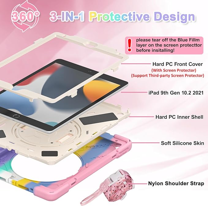 BRAECNstock Kids Case for Apple iPad 9th/ 8th/ 7th Generation 10.2 2021/2020/2019 Shockproof Protective with Pen Holder Screen Protector Rotating Stand &amp Hand Strap Shoulder Strap Colorful Pin