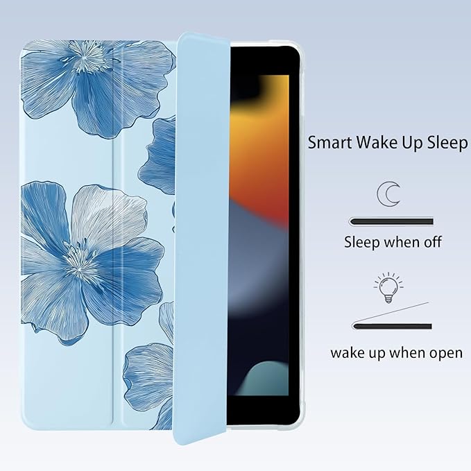 Cute Flower Floral for iPad Air 3 Case with Pencil Holder Auto Sleep/Wake Blue Leather Soft TPU Back Cover for iPad Pro 10.5 Inch 2017