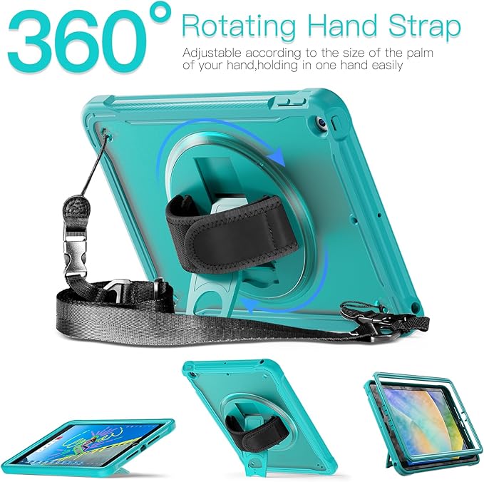 BRAECNstock for iPad 9th/ 8th/ 7th Generation Case 10.2 2021/2020/2019Shockproof Cover with 360° Rotating Hand Strap/StandScreen ProtectorCarrying Shoulder StrapPencil Holder(Light Blue)