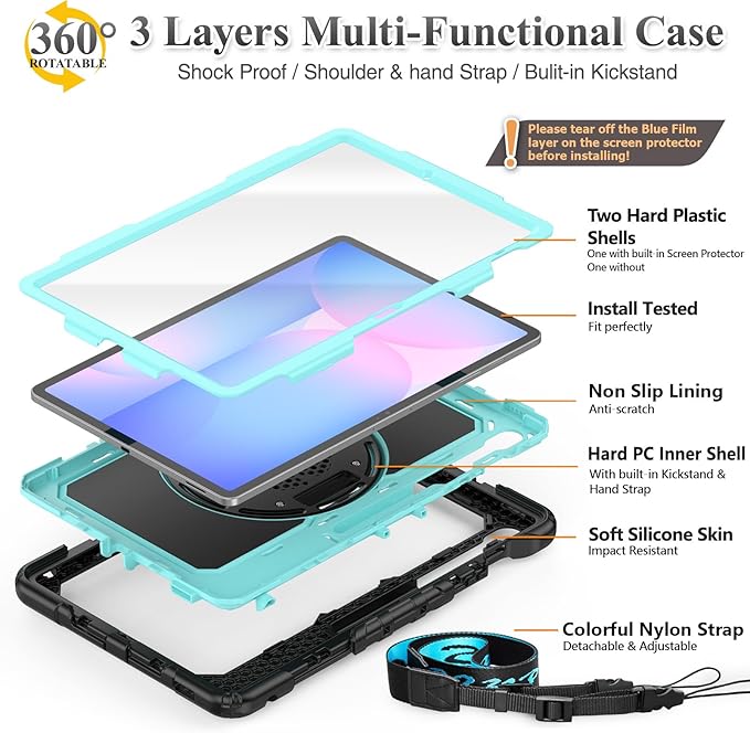 SEYMAC stock Case for Samsung Galaxy Tab S10 FE+ Plus 5G Tablet Case 13.1'' Protective with Screen Protector Pen Holder 360 Rotate Stand Hand Strap Shoulder Strap SkyBlue1