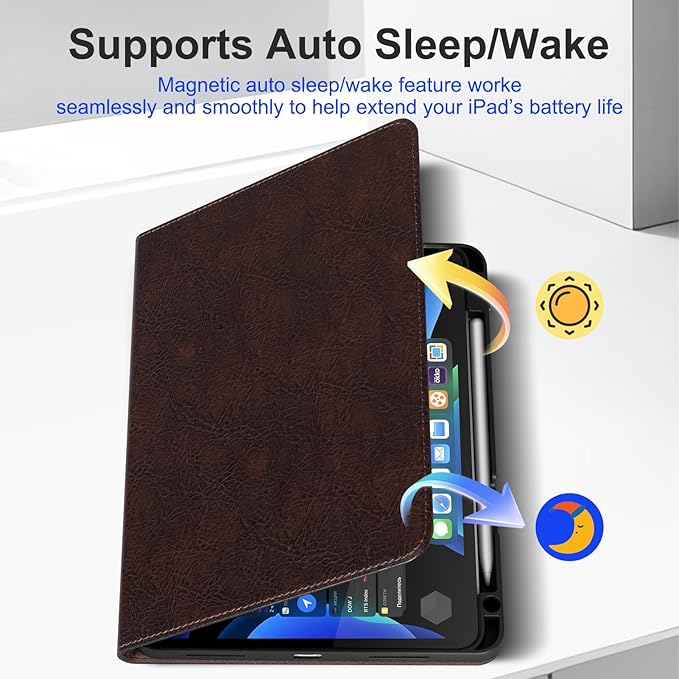 Genuine Leather Case for iPad A16 11th Gen 11 Inch iPad 10th Gen 10.9 Inch Premium Folio Cover with Pencil Holder Auto Wake/Sleep Adjustable Stand Wear-Resistant Protective Case - Mocha Brown