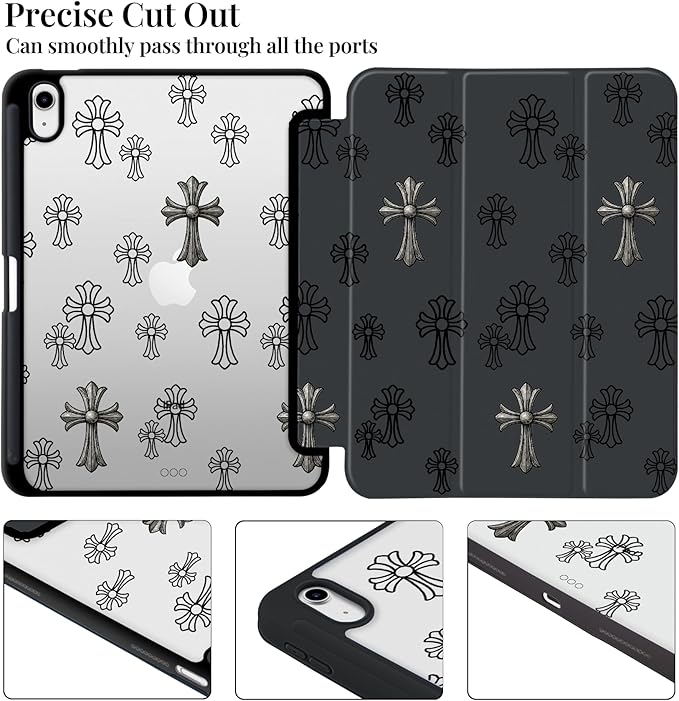 Y2k Printed Case for iPad Air 13 (M3) 2025/ (M2) 2024 Metal Gothic Cross Clear Hard Back Hybrid Casewith Pencil Holder Trifold Stand Slim Tablet Cover for Girls Women