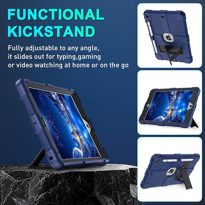 Case for iPad 9th/8th/7th Generation 2021/2020/2019(10.2 inch) Heavy Duty Shockproof Rugged Protective 10.2 Cover with Built-in Stand for iPad 9 8 7 Gen(Black+Mist Blue)