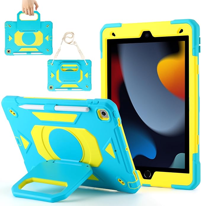 Case for iPad 9th Generation (2021) /iPad 8th Gen (2020)/iPad 7th Gen (2019) Military Grade Shockproof iPad Case Built-in 360°Rotating Stand/Pen Slot/Shoulder Strap for iPad 10.2 (Blue+Yellow)
