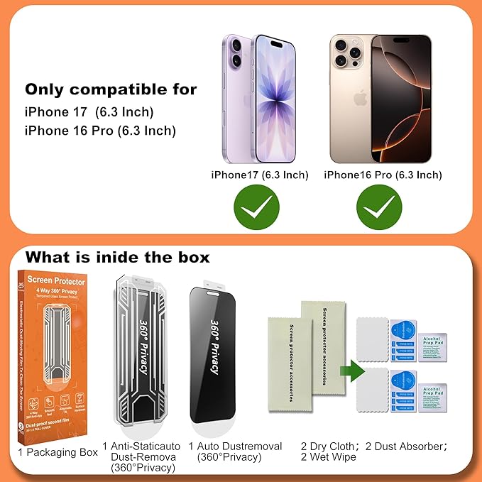 360° 4 Way Privacy Screen Protector for iPhone 17 / iPhone 16 Pro [2 Pack] Anti-Spy Tempered Glass 9H Hardness Shatterproof 3D Curved Edges Case-Friendly Bubble-Free Easy Installation