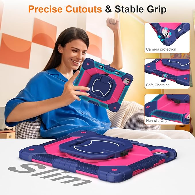 Case for iPad Pro 13 Inch M5 2025 / M4 2024 Auorld for iPad Pro 13 Inch M5 2025 with Screen Protector 360 Degree Rotating Stand Shoulder Strap Pencil Holder Navy Pink
