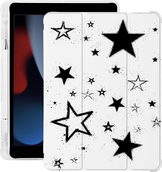 Cute Y2K Black Star for iPad 7th/8th/9th Generation Case with Pencil Holder Auto Sleep/Wake White Leather Soft TPU Back Cover for iPad 10.2 Inch 2019/2020/2021
