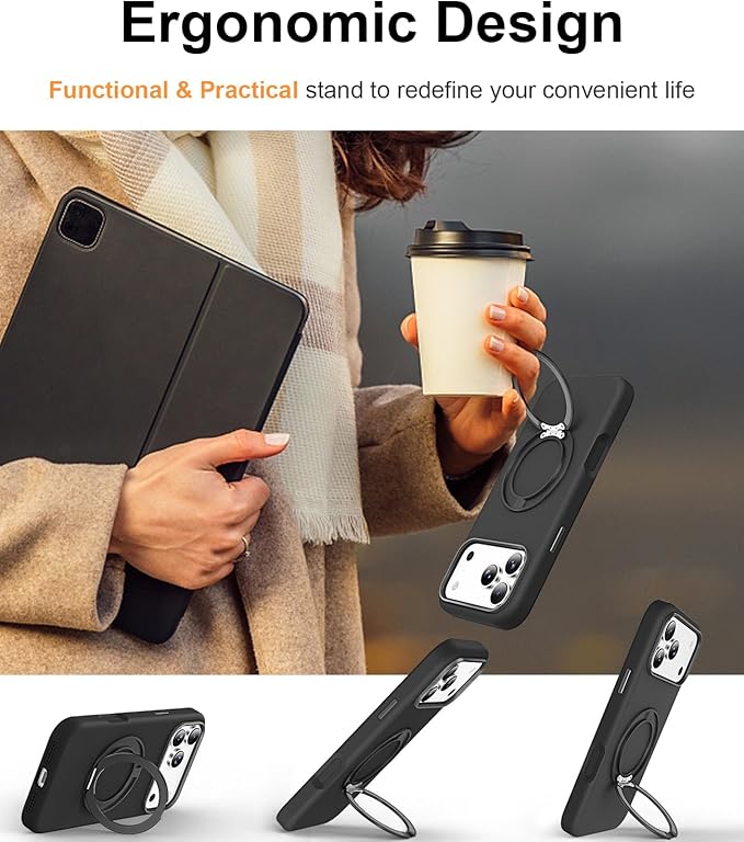 STERKER 360° Rotatable Stand Compatible with iPhone 17 Pro Case with Magnetic [Military Grade Drop Tested][Adjustable Kickstand] Ring Holder Silicone Slim Back Soft Edge Black