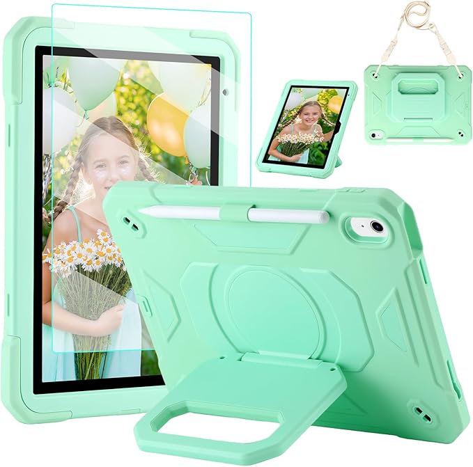 Case for iPad (A16) 2025 11th Gen 10.9'' iPad 10th Generation 2022 10.9'' with Tempered Glass Screen Protector Rugged Kid Case with Shoulder Strap/Pencil Holder/Folding Stand (Mint Green)